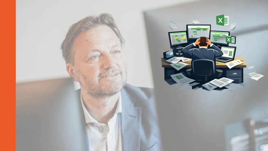 Schaduw Excelbestanden. Gestreste kantoormedewerker zit met handen in het haar achter een bureau vol schermen met Excel-bestanden, omringd door rondvliegende documenten en spreadsheets, wat chaos en informatie-overload symboliseert.