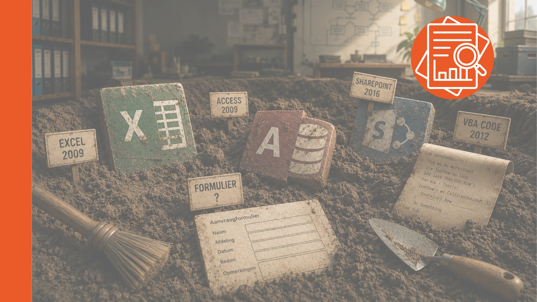 Illustratie van een digitale archeologische opgraving met Excel-, Access-, SharePoint- en VBA-artefacten die symbool staan voor bedrijfskritische legacy-oplossingen binnen organisaties.