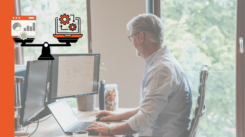 Dashboards en procesautomatisering in organisaties: medewerker verwerkt handmatig gegevens uit verschillende systemen terwijl management inzicht krijgt via dashboards.